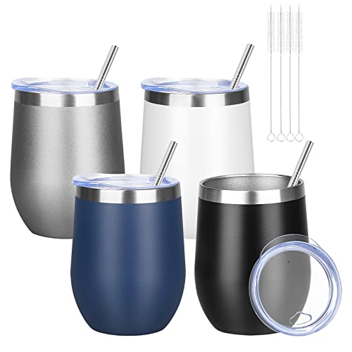 12oz 4 Pack Wine Tumbler Glasses with Lid Stemless Double Wall Vacuum Stainless Steel Travel Tumbler Keeping Cold & Hot for Wine