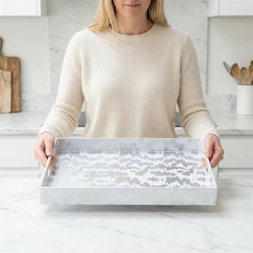 White & Silver Glitter Abstract Serving Tray with Handles