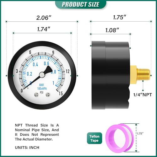0 15PSI Well Pump Pressure Gauge 2" Dial Size
