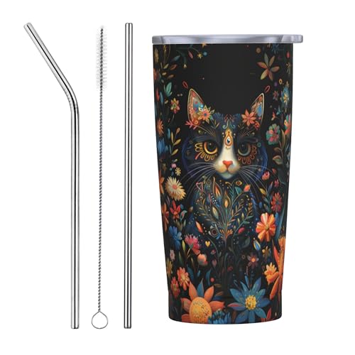 Cat Tumbler with Lid and Straw 20oz Coffee Tumblers Leakproof Stainless Steel Travel Mug Vacuum Insulated Cup for Iced and Hot (20 Count)