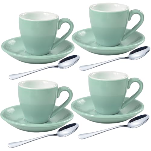 Porcelain Espresso Shot Cup Set with Saucers and Stainless Steel Spoons (4 Count)