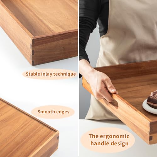 Large Wooden Serving Tray for Ottoman Wooden Ottoman Tray 20INCH Acacia Square Tray with Handles Wooden Coffee Table Tray Multi
