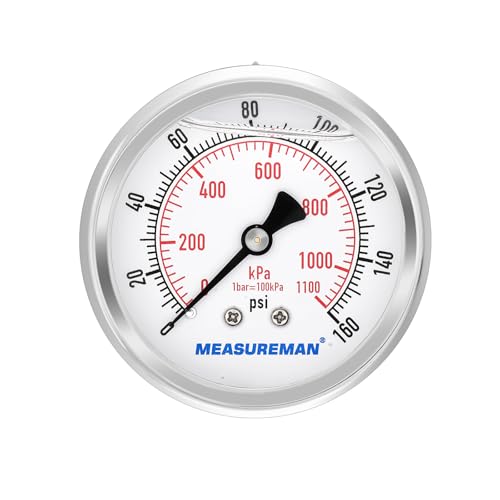 2-1/2" Dial Size, Glycerin Filled Pressure Gauge, 0-160psi/kpa, 304 Stainless Steel Case, 1/4" NPT Center Back Mount