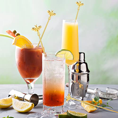4Pcs Bumble Bee Cocktail Stirrers Swizzle Sticks Stainless Steel 7.5" Coffee Beverage Stir Sticks with Gold Decor Top for Mixing Cocktail