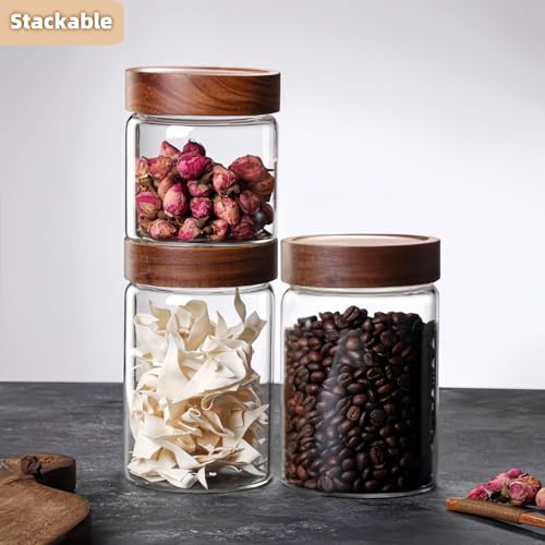 Set of 2 Glass Jars Food Storage Canister with Airtight Wooden Screw on Lid
