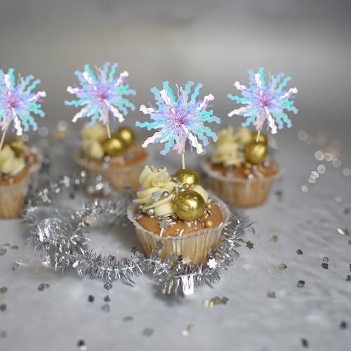 20Pcs Foil Firework Cupcake Toppers Happy Birthday Cake Toppers Sparkle Tinsel Flower Drink Stirrers Cocktail Food Fruit Toothpicks for Valentine's Day Party Supplies Light Blue (20 Count)