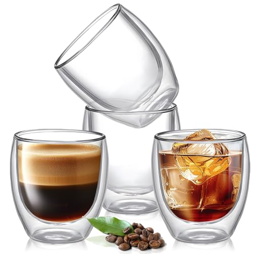 5 Ounces Set of 4 Double Walled Glass Coffee Mugs Insulated Layer Coffee Cups Borosilicate Glass Espresso Double Insulated Clear Glass Coffee Mug for Hot Beverages (4 Count)