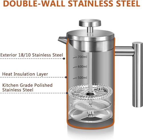 21 oz Stainless Steel French Press 600ML Coffee Press with 3 Level Filtration System