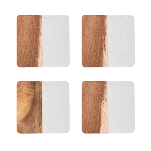 4 Piece Marble and Wood Coasters for Drinks (4 Count)