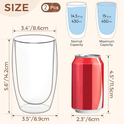 15oz Double Wall Glass Coffee Mugs (2 Count)