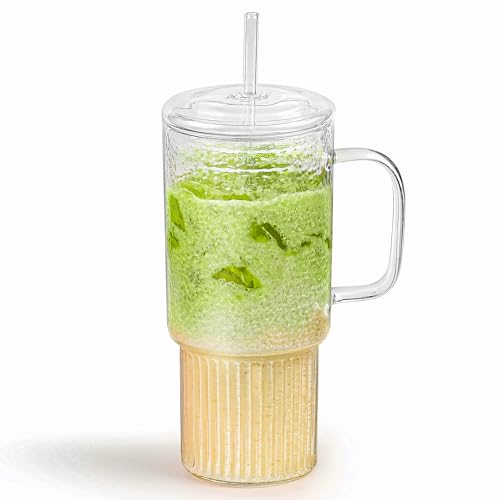 32oz Glass Cups with Handle Lids and Straws