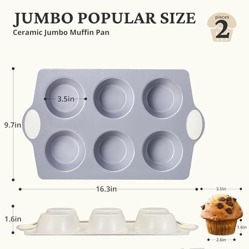 2-Pack 6-Cup Non Toxic Nonstick Ceramic Jumbo Muffin Pan & Cupcake Tin, PFOA & PFOA Free, Heavy Duty Rust-Resistant Aluminized Steel, Oven Safe, Cream White