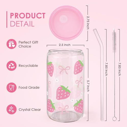 Strawberry 16 Oz Can Glass Tumbler with Acrylic Lid and Straw