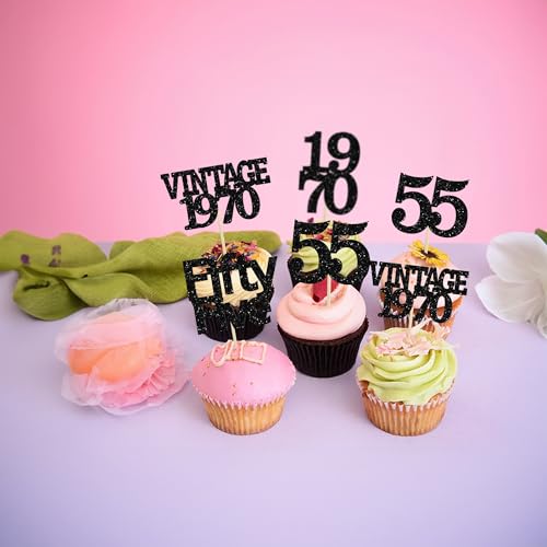 24Pcs Vintage 1970 Cupcake Toppers Glitter Cheers to 55 Fabulous Fifty Five Cupcake Picks 55th Birthday Wedding Anniversary Party Cake Decorations Supplies Black (24 Count)