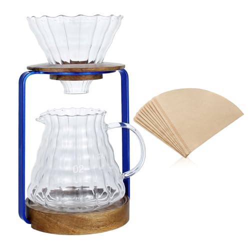 Pour Over Coffee Dripper Stand with Metal Stand Wooden Filter Holder Glass Server with Paper Coffee Filters