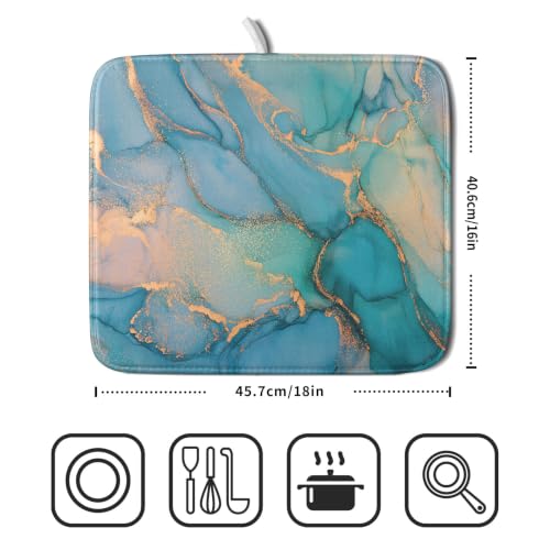Marble Dish Drying Mat for Kitchen Counter Blue Teal Turquoise Gold Drying Mat 16 x 18 Inch Microfiber Dish Drying Pad Dish Rack Pad Drainer Mat for Coffee Bar