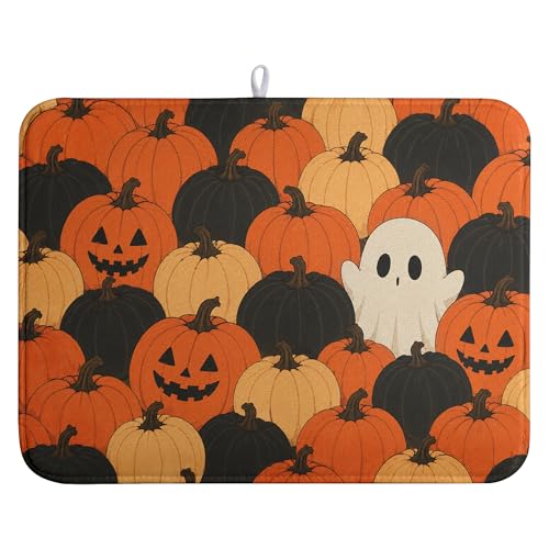 Halloween Spooky Pumpkin Dish Drying Mats Cute Ghost Dish Mat Fall Drying Matt Dishes Dryer Pad for Kitchen Counter Absorbent Microfiber Washable Foldable Reusable 18x24 in