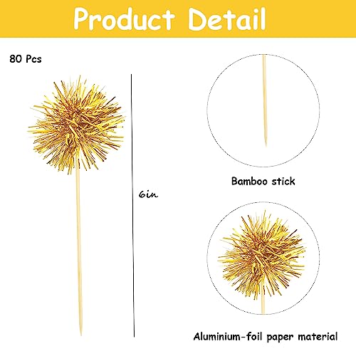 80 Pcs Firework Cupcake Topper Gold Graduation Cake Decorations Foil Frill Toothpicks for Party Decoration (80 Count)