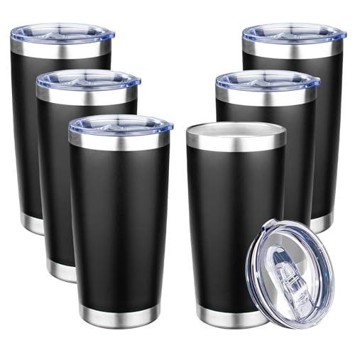 20oz Tumbler with Lid Double Wall Vacuum Insulated Travel Coffee Mug Stainless Steel Thermal Cup Powder Coated Sturdy Coffee Tumbler Bulk for Hot and Cold Beverage (6 Count)