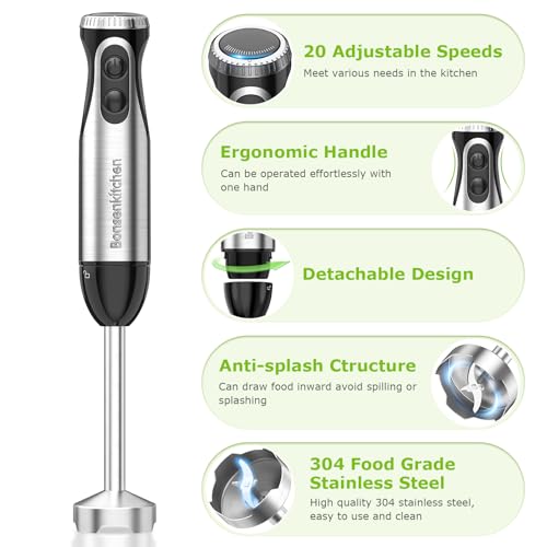 2-in-1 Immersion Handheld Blender with 20 Speeds & Turbo Mode