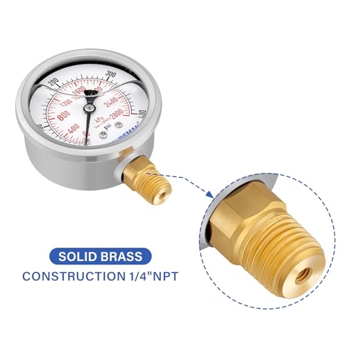 2-1/2" Dial Size, Glycerin Filled Pressure Gauge, 0-400psi/2800kpa, 304 Stainless Steel Case, 1/4" NPT Lower Mount