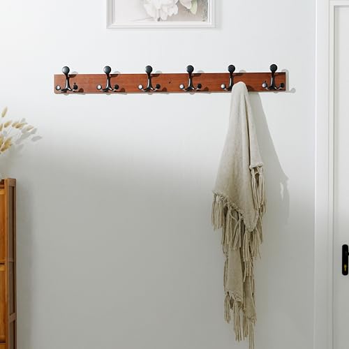 39 Inch Cherry Wood Coat Rack Wall Mount with 6 Triple Hooks