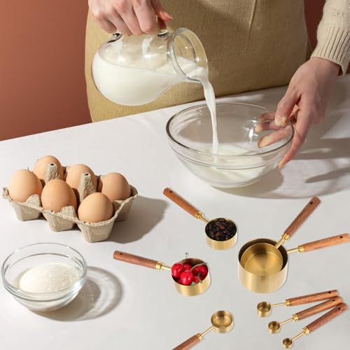Stainless Steel Measuring Cups Set and Measuring Spoons Wooden Handle Metal Measure Cups and Spoons for Cooking and Baking