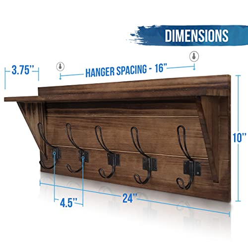 Rustic Brown Solid Wood Wall Mounted Coat Rack with Shelf