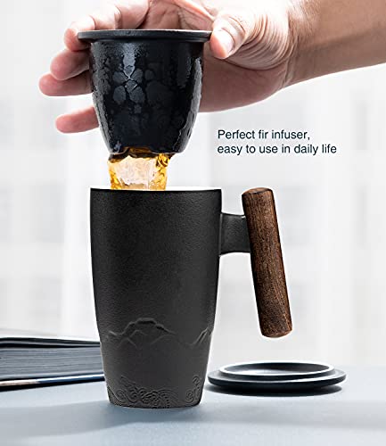 Tomotime Ceramic Tea Cup with Infuser and Lid Tea Mugs Wooden Handle 400ml