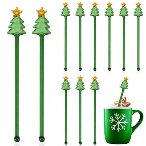 12 Pcs Christmas Glass Drink Stirrers 7 Inch Xmas Stir Sticks Reusable 3D Coffee and Cocktail Stirrers Hot Cocoa Bar Supplies for Holiday Party Favors (12 Count)
