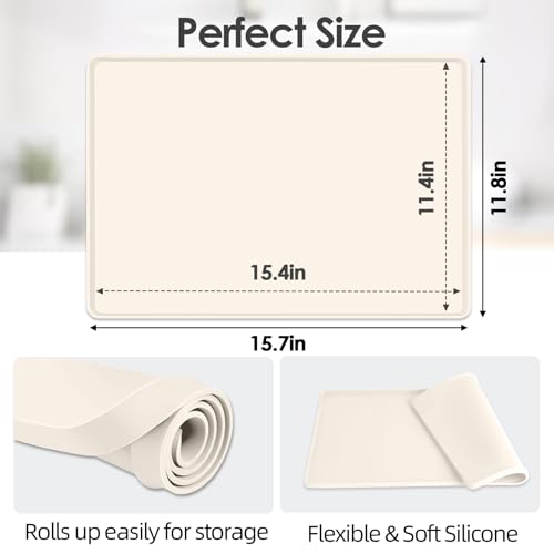 Silicone Coffee Maker Mat with Lip for Countertops 15.7''x11.8''Cream White