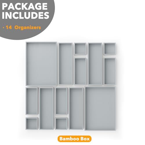 14 Piece Bamboo Drawer Organizer Storage Boxes Set