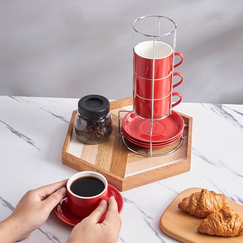 8 Ounce Stackable Cappuccino Cups with Saucers and Metal Stand (4 Count)