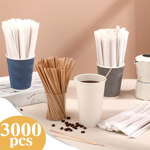 3000 Pcs Individually Wrapped Wooden Coffee Stirrers (3000 Count)