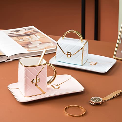 Ceramic Purse Coffee Mugs Set Tea Cup Unique Bag shaped mug and Saucer Set with Spoon and Saucer For Women Mother's Day Christmas Gifts (10 Count)