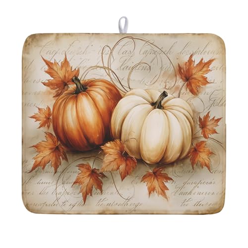 Fall Pumpkin Dish Drying Mat 16X18 Inch Vintage Autumn Drying Mat for Kitchen Counter Absorbent Maple Leaf Fall Thanksgiving Farmhouse Dishes Pad Drainer Mat Countertop Protector for Kitchen Fast Dry