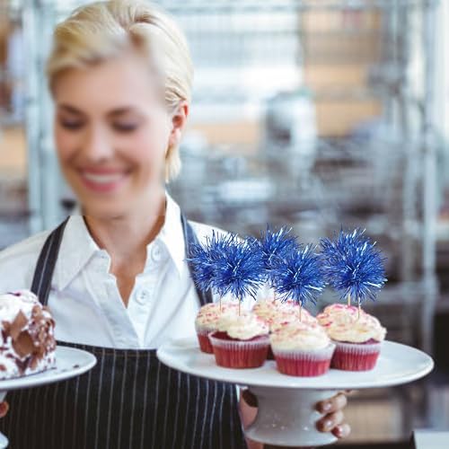 40 PCS Foil Firework Cupcake Toppers Sparkle Tinsel Cupcakae Picks Sparkler Fireworks Party Decorations Cocktail Fruit Toothpick for Birthday Wedding Graduation Party Decorations Supplies Dark Blue (40 Count)