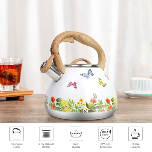 Tea Kettle Toptier Teapot Whistling Kettle with Wood Pattern Handle Loud Whistle