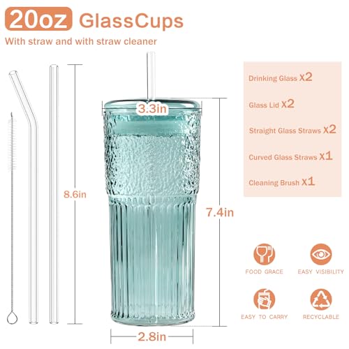 Glass Coffee Cups with Lids and Straws 20oz (2 Count)