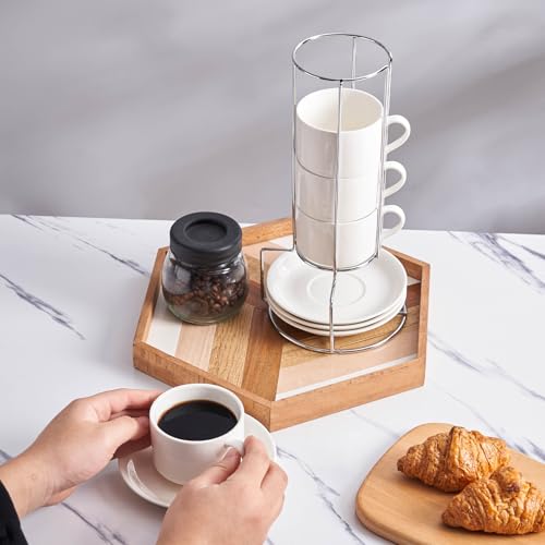 8 Ounce Stackable Cappuccino Cups with Saucers and Metal Stand (4 Count)
