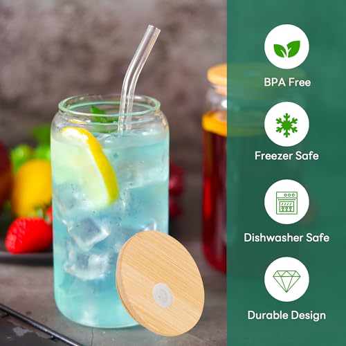 12Pcs Glass Cups with Bamboo Lids and Straws Bulk 16 oz Can Shaped (12 Count)