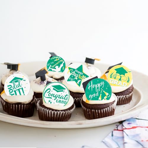 48Pcs 2026 Graduation Cupcake Toppers Wafer Paper Class of 2026 Cake Decorations Edible Congrats Grad Cupcake Picks for 2026 Graduation Theme Party Cake Supplies Green Gold (48 Count)