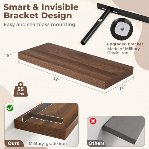 32 Inch Walnut Floating Shelves for Wall (2 Count)