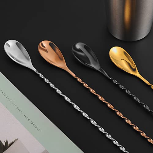 Silver 12 Inch Stainless Steel Cocktail Spoon with Leaf Handle