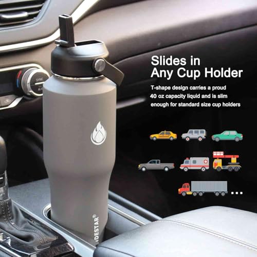 40oz Water Bottle Wide Mouth Stainless Steel Vacuum Insulated Double Wall with 2 Straw Lids Fit in Any Car Cup Holder