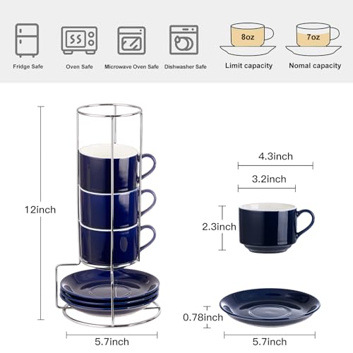 8 Ounce Stackable Cappuccino Cups with Saucers and Metal Stand (4 Count)