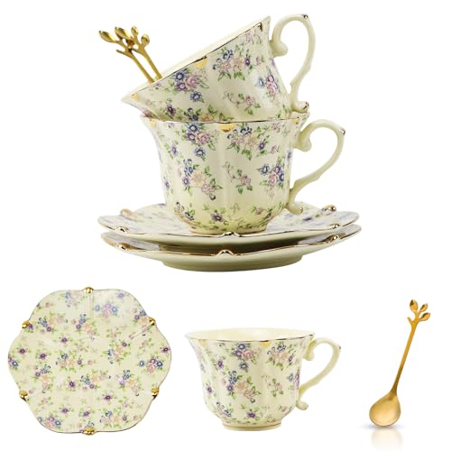 Country Roses Porcelain Tea Cup and Saucer Set with Gold Trim