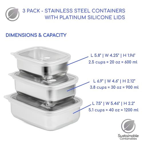 Stainless Steel Food Storage Containers with Clear Platinum Silicone Lids (3 Count)