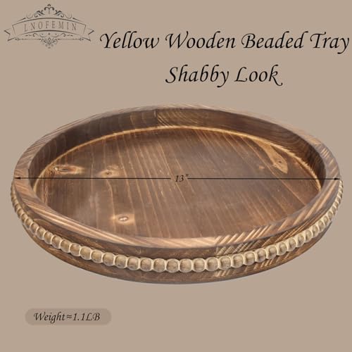 Round Burnt Wood Serving Tray with Beads