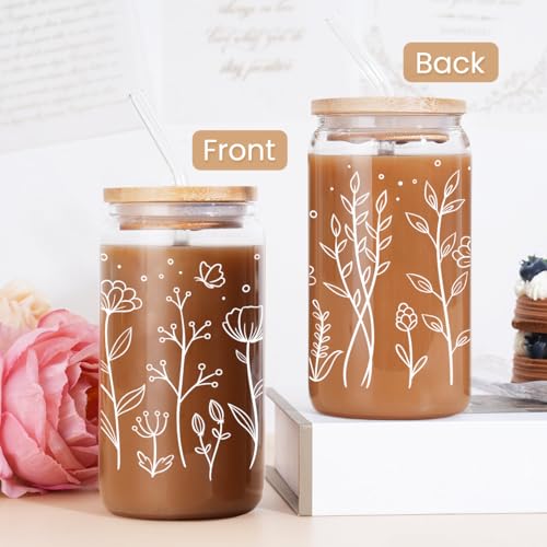 Floral Cup 16 Oz Can Glass with Bamboo Lid and Straw